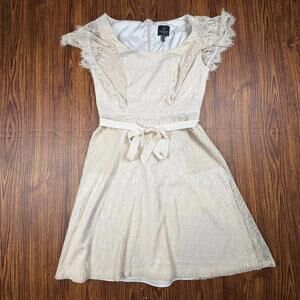 Adrianna Papell Ivory Lace Fit & Flare Dress Ribbon Waist Belt Women’s Size 8